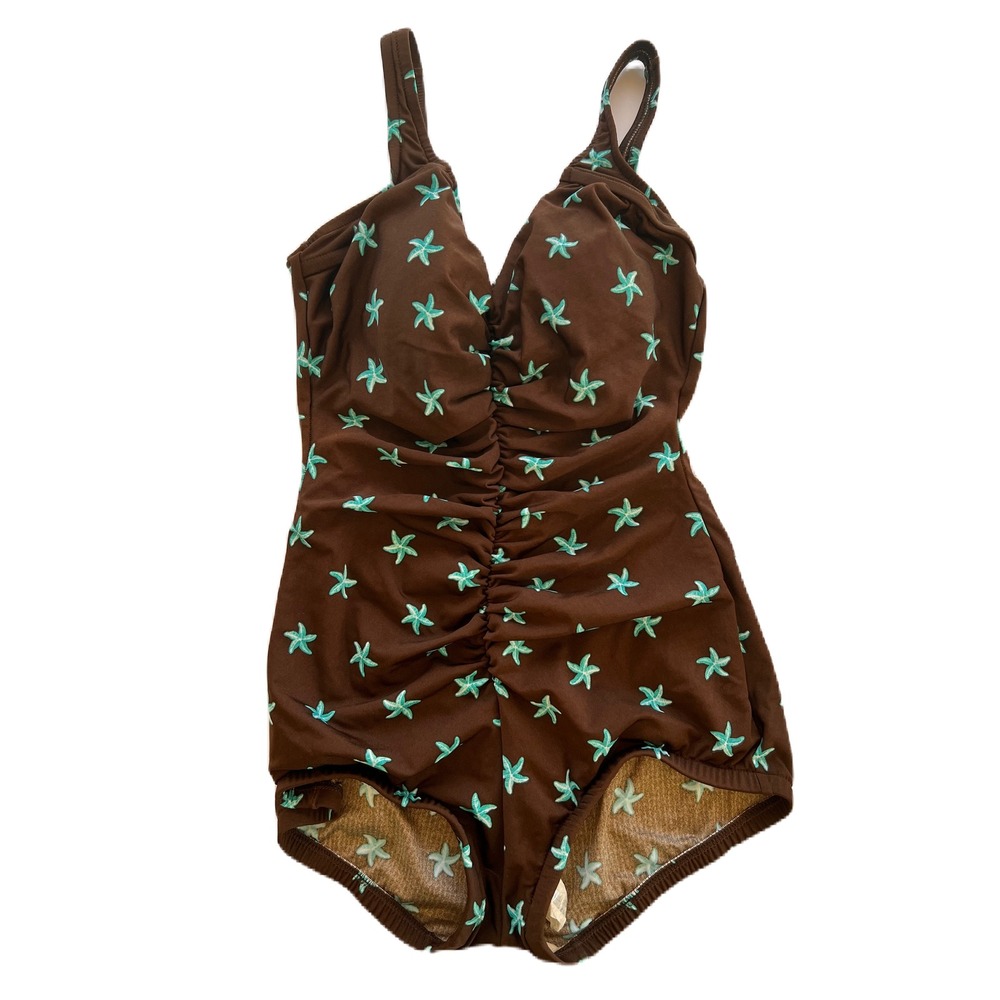 Paradise Bay Brown Starfish Ruched One Piece Swimsuit Size 12 Seaing Stars NWT